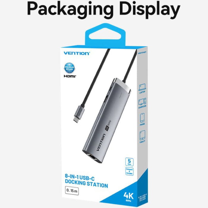 Vention TGUHB Dock USB-C 8-en-1 con HDMI 4K@60Hz, RJ45 Gigabit, 100W PD, 2xUSB-A, 2xUSB-C, Lector de Tarjetas - Color Gris Aluminio